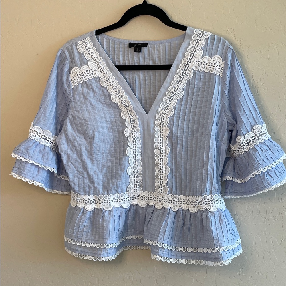 J. Crew Light Blue Blouse with White Lace